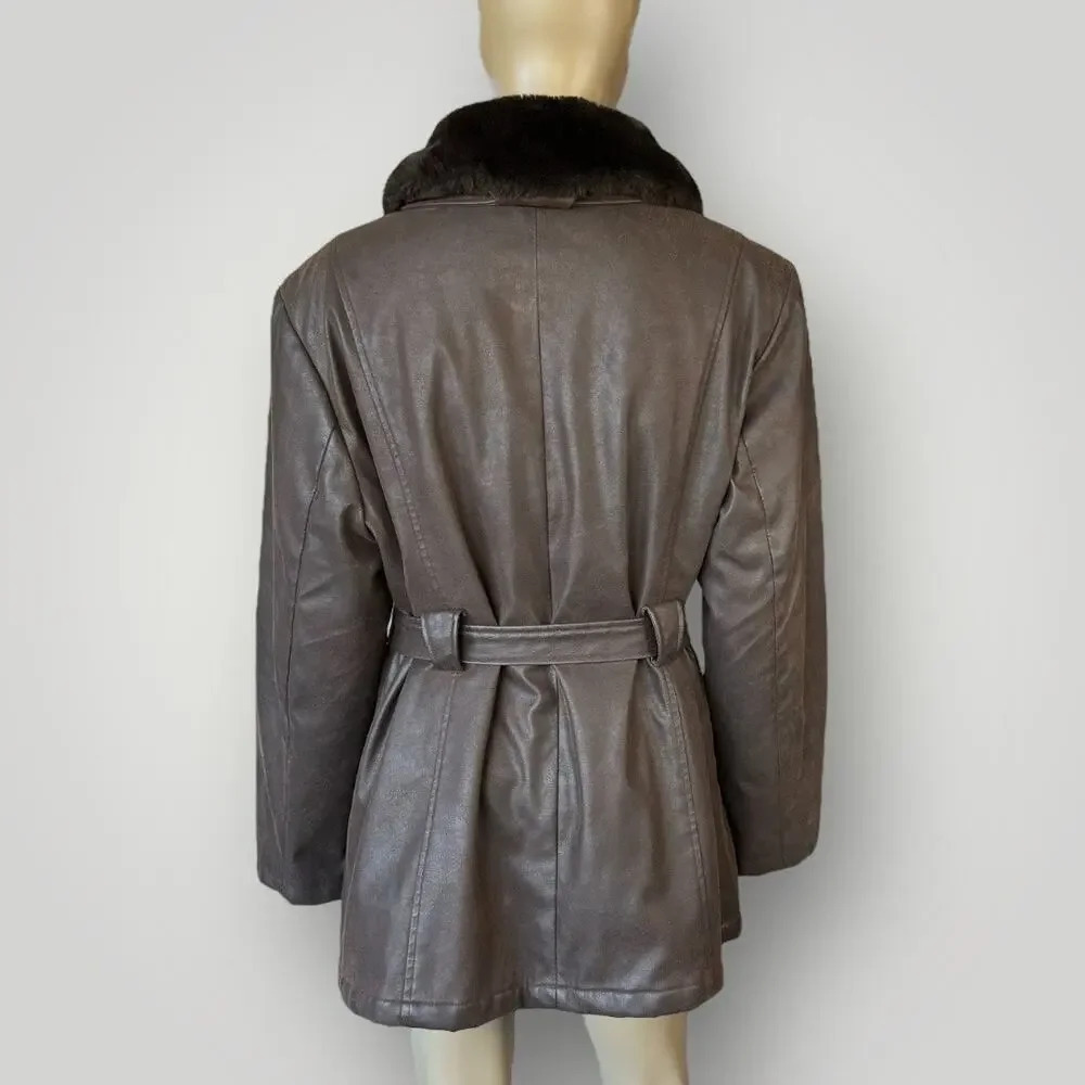 Giacca Vintage Faux Leather Belted Peacoat Jacket Faux Fur Collar Size XL Brown - Picture 2 of 16